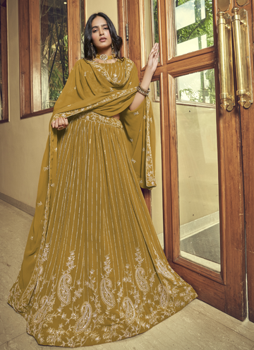 Viscose Thread Work Faux Georgette Mustard Yellow Lehenga